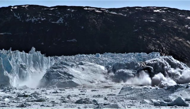 A large iceberg calves off a glacier.