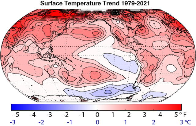 A global map with contours shows higher than normal temperatures in much of the planet, particularly the Arctic.